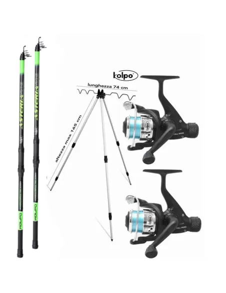 Kit Due Canna pesca Surf Fondo Due Mulinelli Filo Tripode Molo Kit da pesca Kolpo