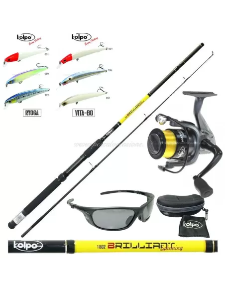 Kolpo Kit Spinning Canna Mulinello Filo 6 Artificiali e occhiali Polarizzati Kit da pesca Kolpo