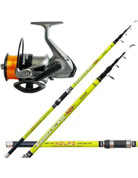 Kolpo Kit Pesca Surfcasting Canna 220 gr in Carbonio + Mulinello Nanga con Filo Kit da pesca Kolpo