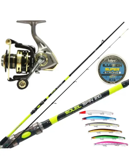 Combo Spinnng Pesca in Mare Canna Mulinello Filo 6 Artificiali Kit da pesca Kolpo