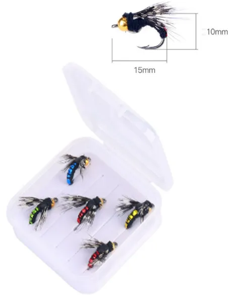 Kolpo Set of 5 Realistic Sinking Fly Fishing Flies on 10x15mm Hooks, High Quality