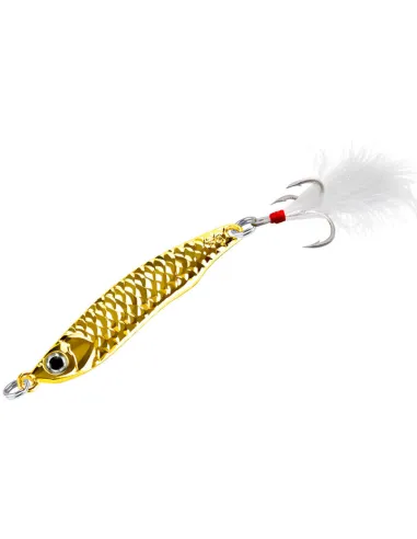 Kolpo Metal Jig Real 7g – Professional Metal Jig with Treble Hook and Feather, Silver and Gold for Vertical Fishing
