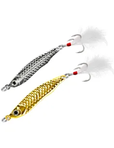 Kolpo Metal Jig Real 15 g – Professional Metal Jig with Treble Hook and Feather, Silver and Gold for Vertical Fishing