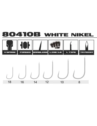 Kolpo Brutale 80410B White Nickel Fishing Hooks with Spade Tip, 1.0 mm Wire, Barbless – 20 Pieces