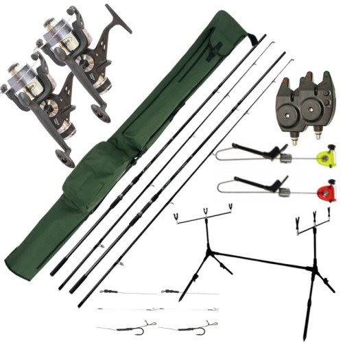 Carpfishing Kit: 2 Rods 2 Reels 2 Signalers 1 Pod 1 Scabbard 2 Terminals 2 Swingers Kolpo